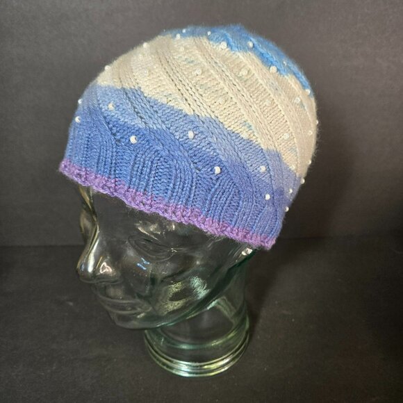 Handmade Knit Hat Blue Purple Faux Pearl Swirl Design Warm Winter Cap Wool Blend - Picture 1 of 7